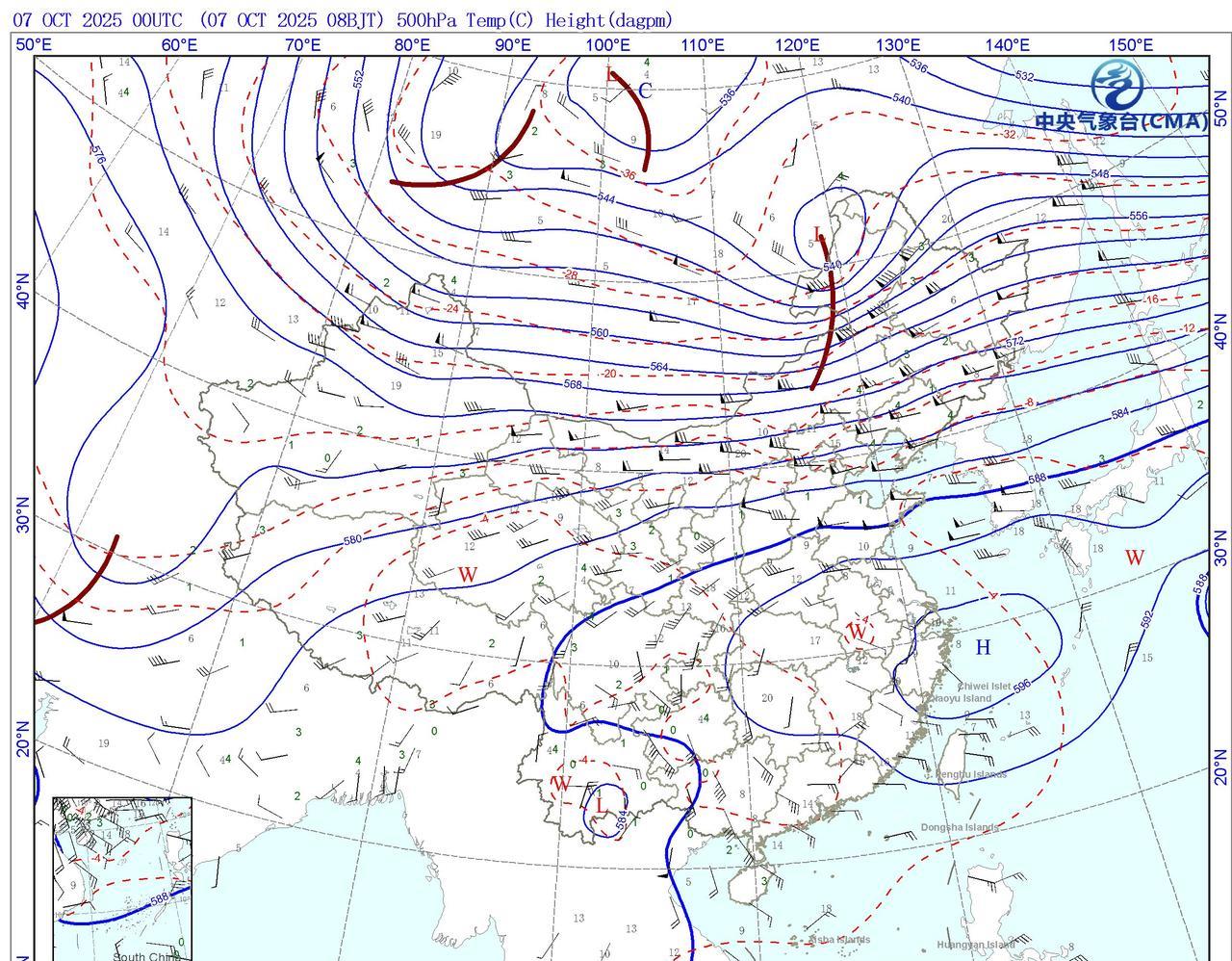从早上8点的天气实况图来看，今天副高控制了我国黄河以南大部地区，592核心位势区
