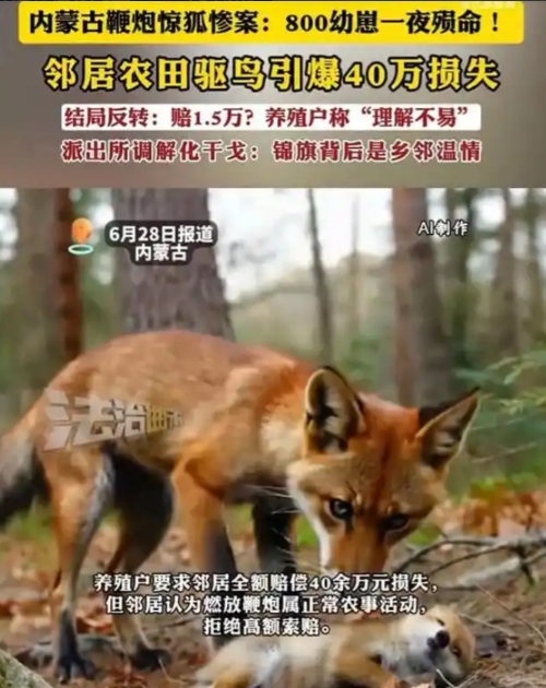 该不该赔？内蒙古巴彦淖尔，一村民在地里放鞭炮驱赶鸟类，不料附近养殖户家的母狐狸受