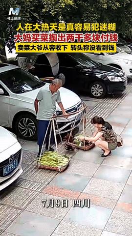 “热迷糊了！”四川，一女子街头买菜，左手拿一张5元，右手拿一沓百元大钞，卖菜的老