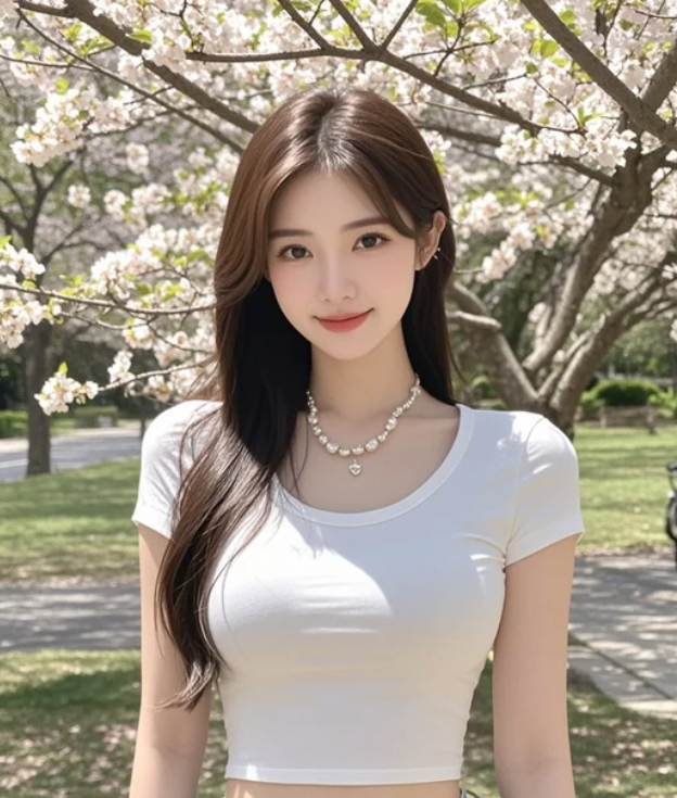 她站在樱花树下，仿佛时光停驻