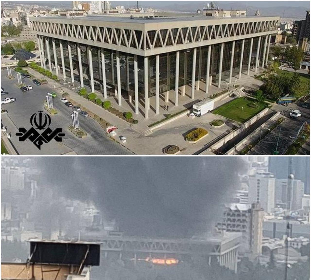 曾经矗立的伊朗伊斯兰共和国广播电视台（IRIB）大楼如今沦为冒着浓烟的废墟，这些