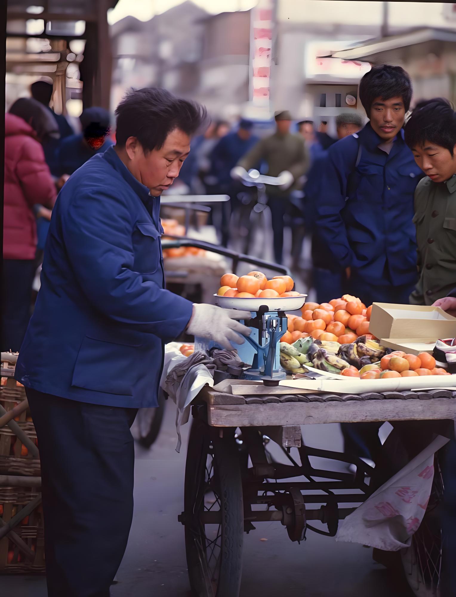这是一幅展现改革开放初期街头水果摊交易场景的画面。画面中，一位身着蓝色工装的摊主