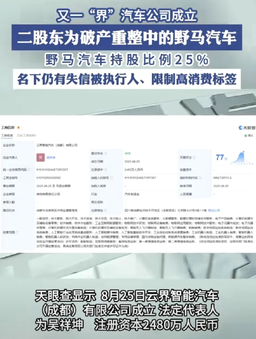 这算不算蹭华为热度了？又一界公司成立，二股东是破产重组的野马，而且比例挺高的，持