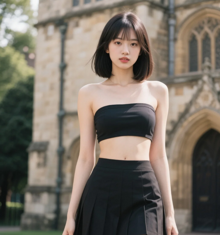 甜美少女轻提裙摆，漫步于阳光倾洒的美景中