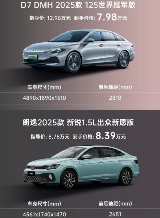 荣威D7 DMH 和大众朗逸。基准还是落地价相近——D7到手只要7.98万元（这