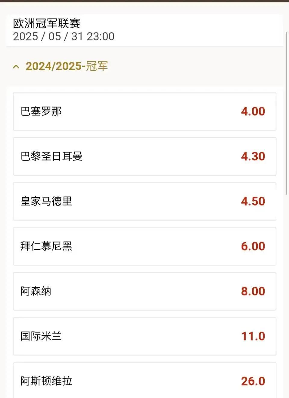 欧冠八强赔率都差不多，四大豪门最被看好。
巴萨，大巴黎，皇马，拜仁是四大热门。