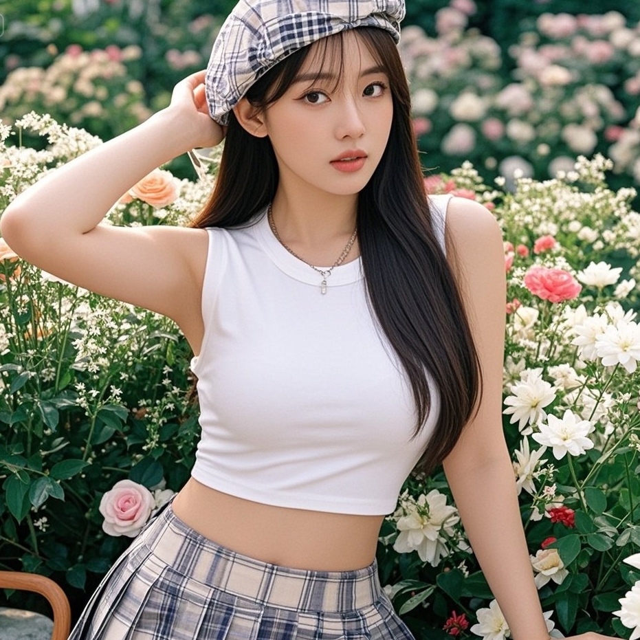丰腴美眉笑嫣然，花畔修身衣翩翩