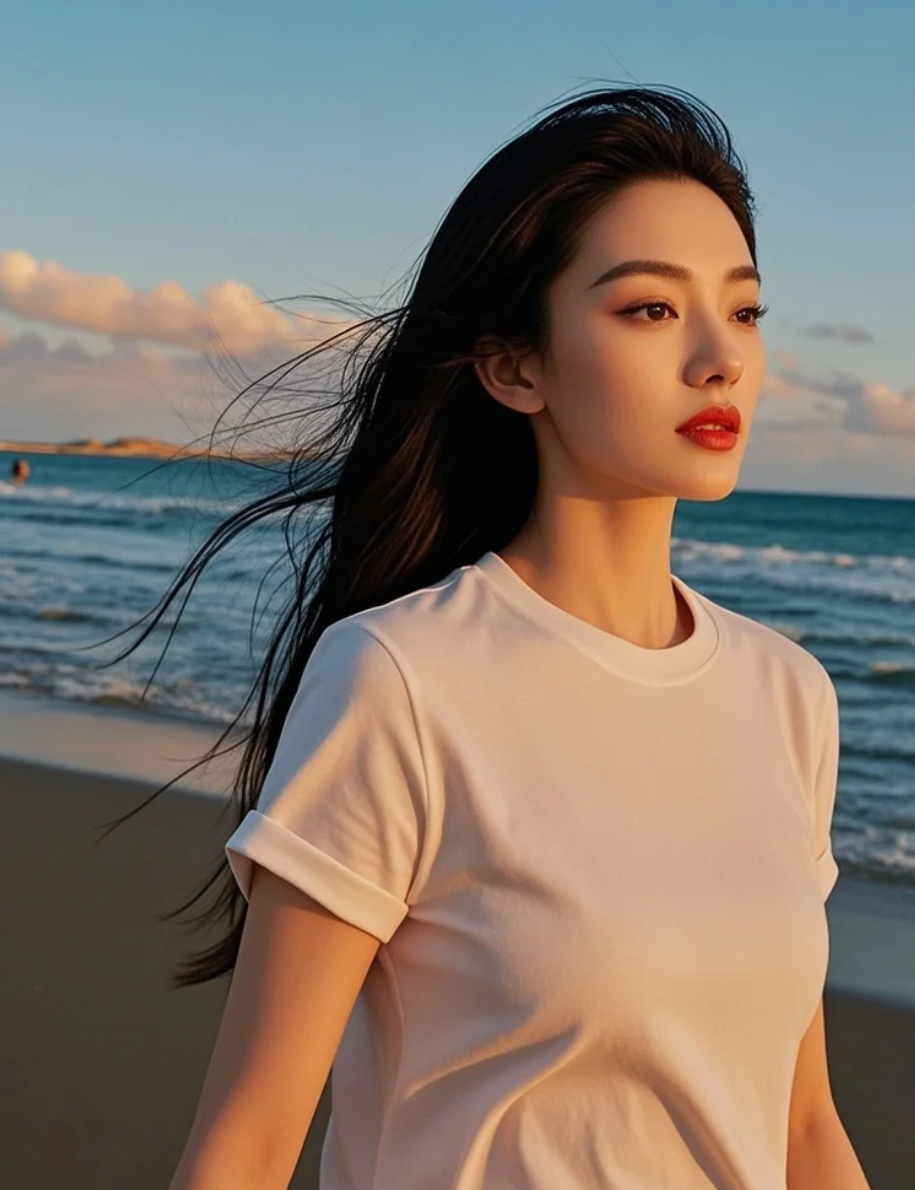 沙滩上留下她的足迹，发丝飞扬洋溢着活力