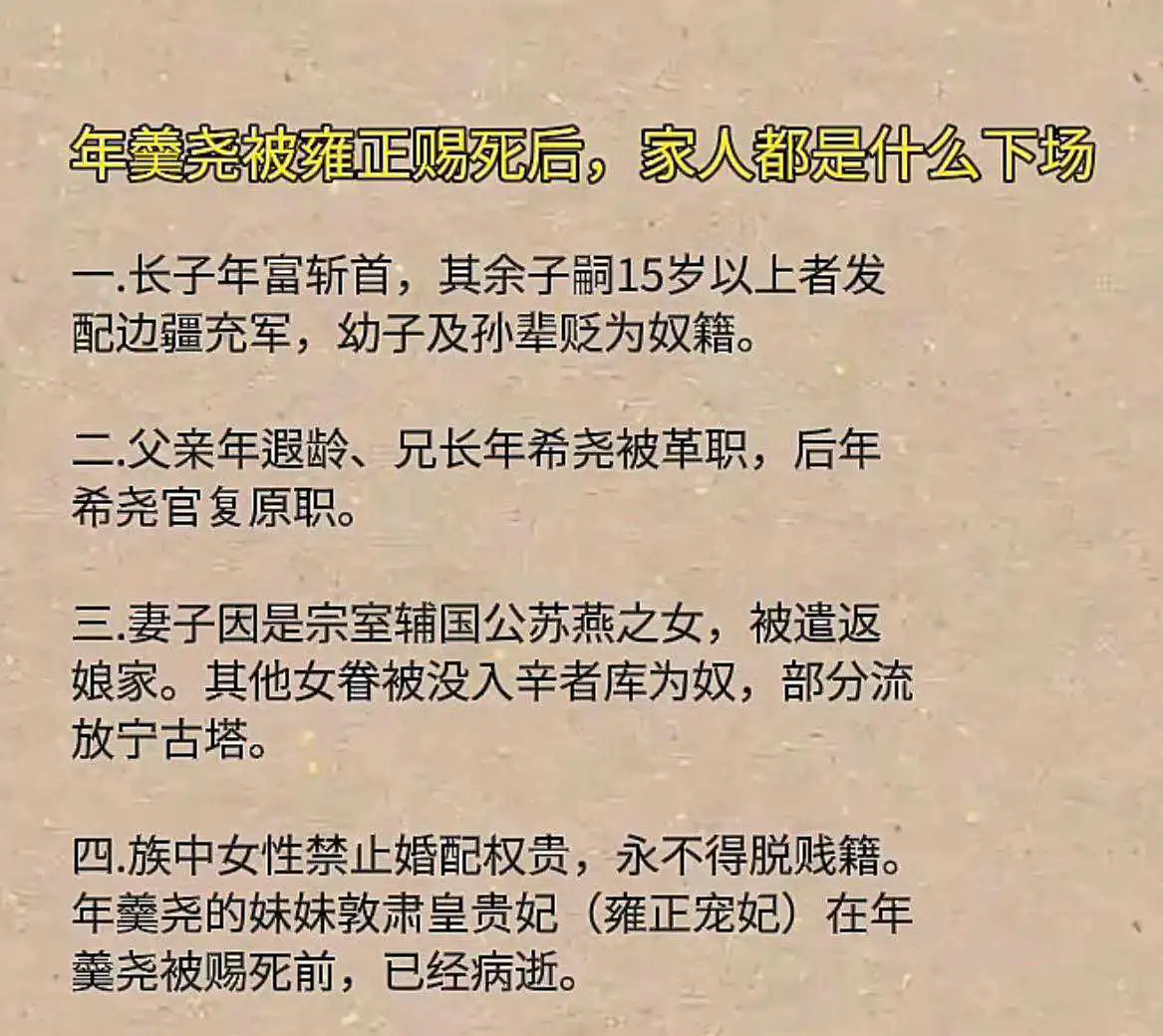 一张图看明白年羹尧被雍正赐死后，家人都是什么样的下场。