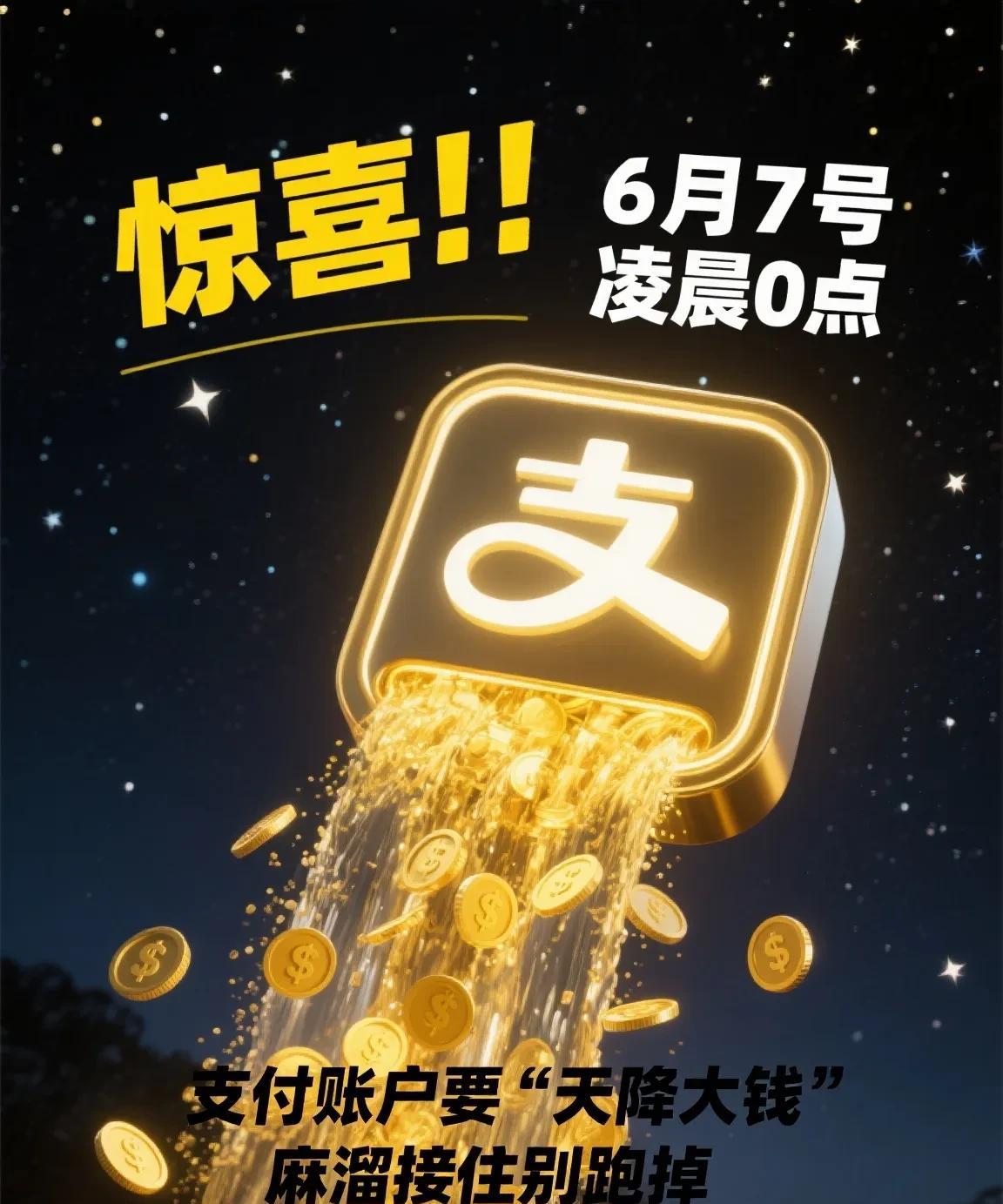 惊喜！！
6月7号凌晨0点
支付账户要“天降大钱”
麻溜接住别跑掉