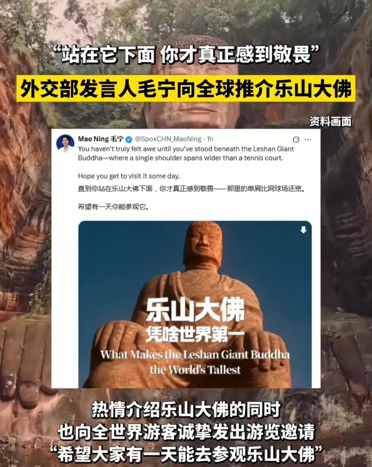 外交部发言人毛宁近日发布了一个英文视频向全球推荐乐山大佛，她说不亲自来看大佛就不