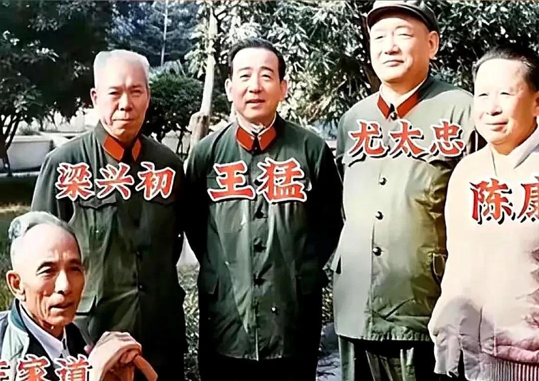 1982年，白发苍苍的梁兴初将军，不远千里，来到广州，看望几位老战友的合影。
汪