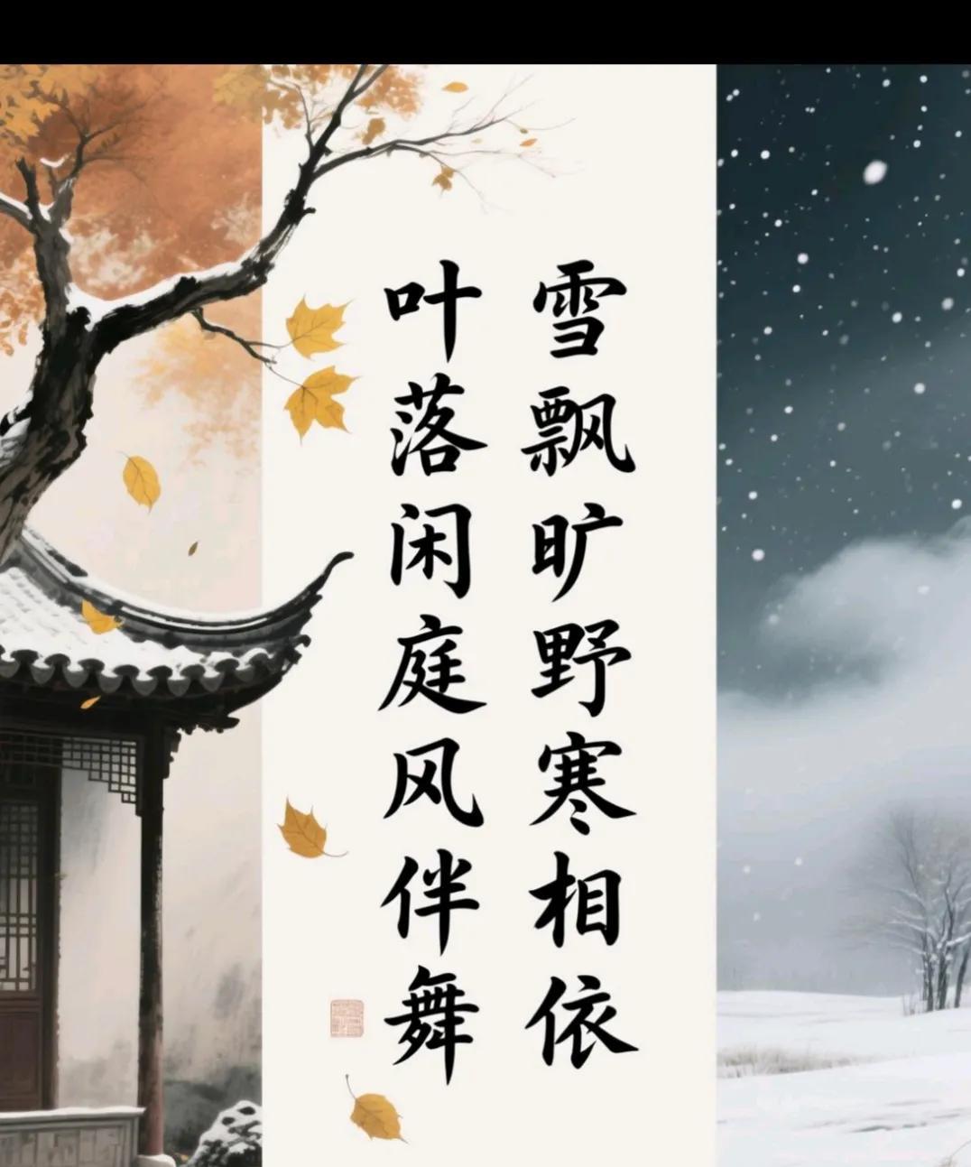 乐于评论   上下联手——之四
叶落闲庭风伴舞      雪飘旷野寒相依
秋残冬