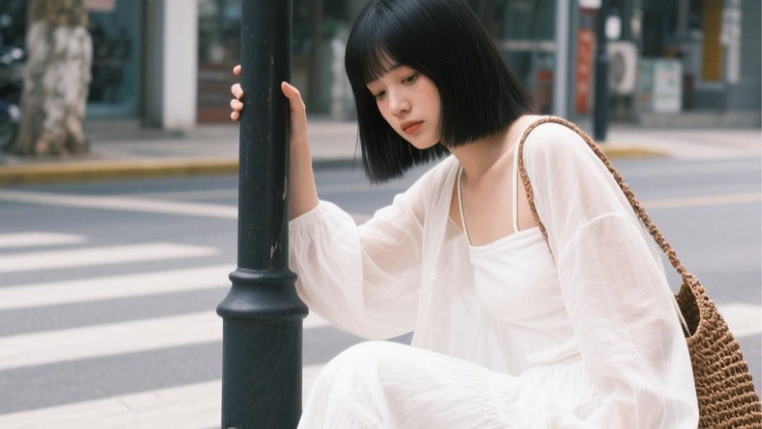 她穿着一身白裙走在旧街上，像一场不动声色的温柔