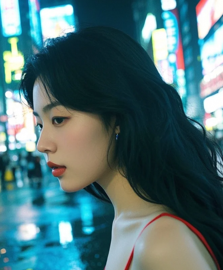 雨夜里的人来人往中，她是最安静却最抓眼的那一道光。