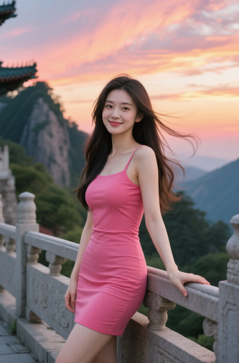 她站在古意悠悠的桥上，美得不染尘埃