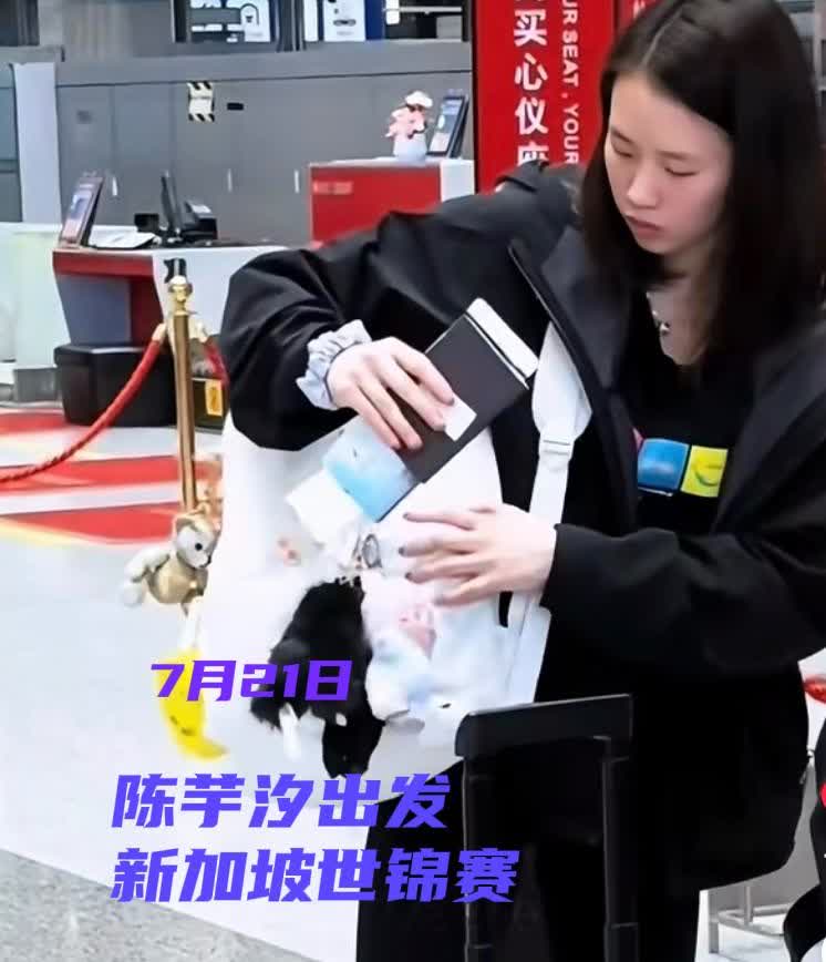 跳水队已经到达新加坡了，
有人拍到陈芋汐在机场出发的时候，
她看上去很瘦，比