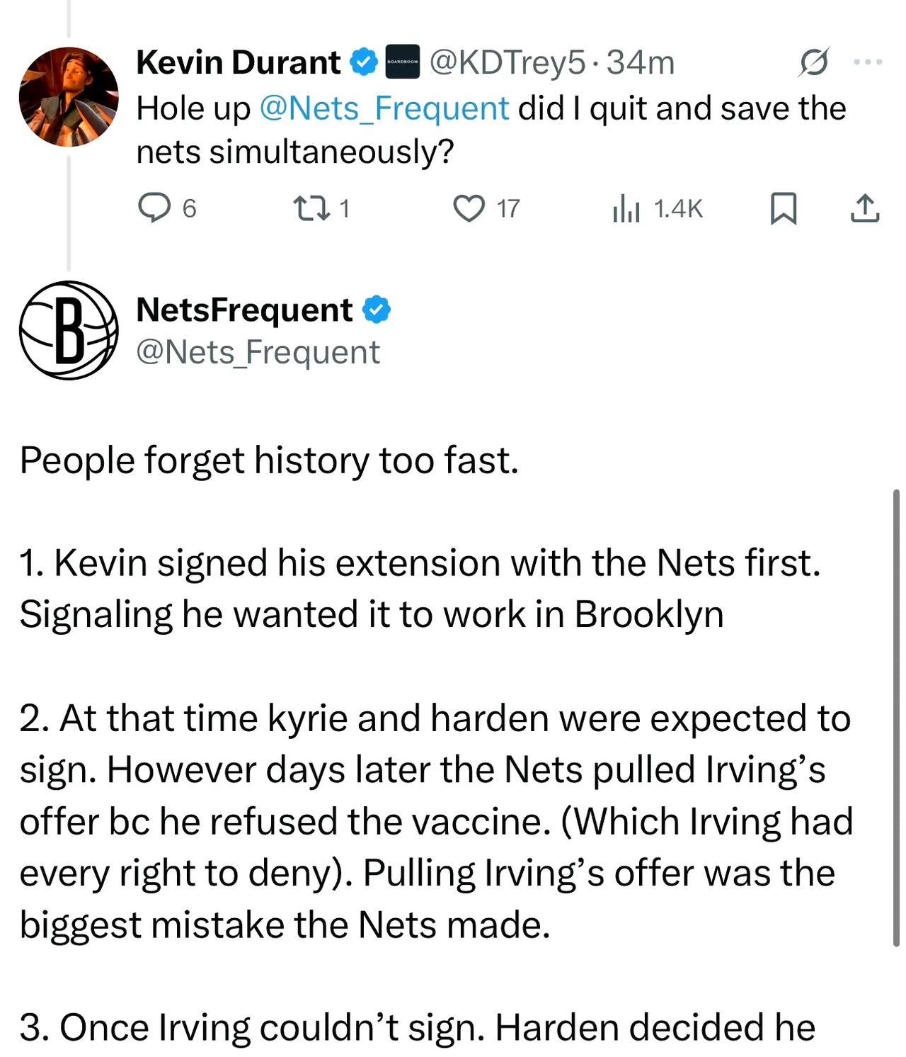 NetsFrequent：人们总是太快遗忘历史。
1，杜兰特率先与篮网完成续约，