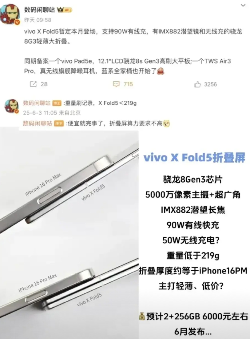 蓝厂疯了，荣耀跟着疯！
vivo X Fold5，展开厚度4.3mm，折叠厚度9