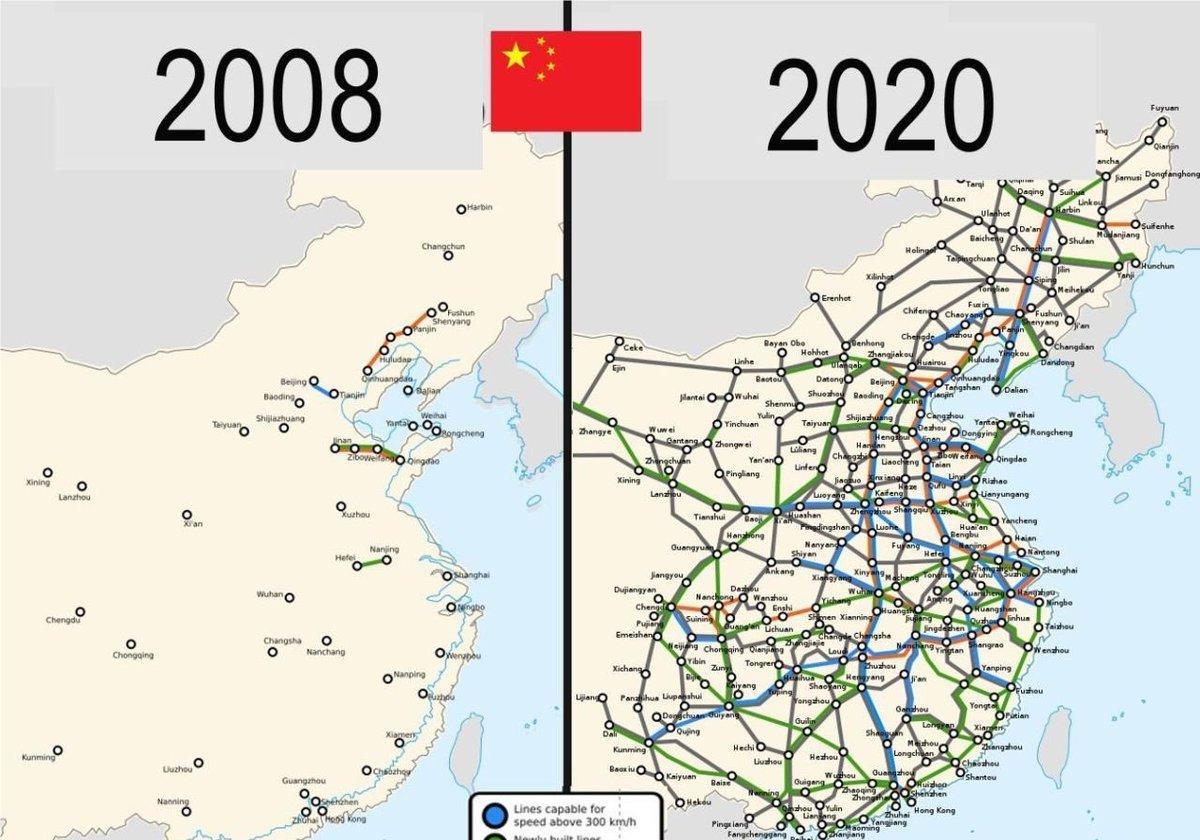 有时候看着这张图都觉得不可思议：12年时间的高铁建设变化图
如今我们的铁路是16