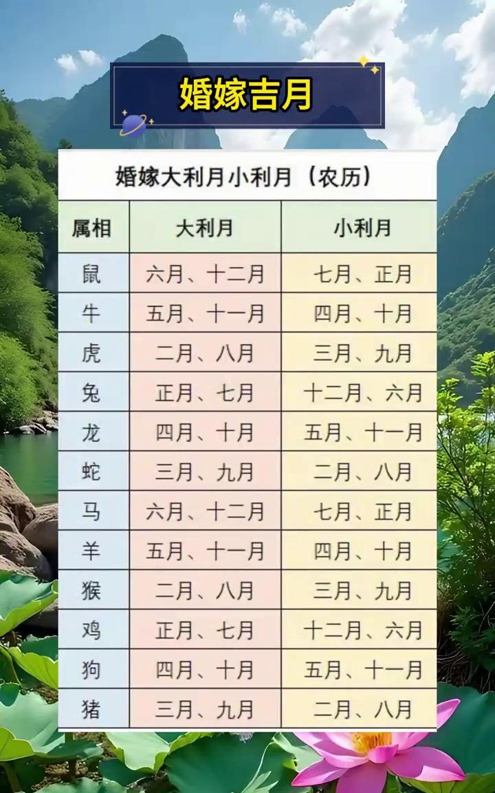 婚嫁吉月。
婚嫁大利月、小利月(农历)。
·鼠：六月、十二月。
·牛：七月、正月