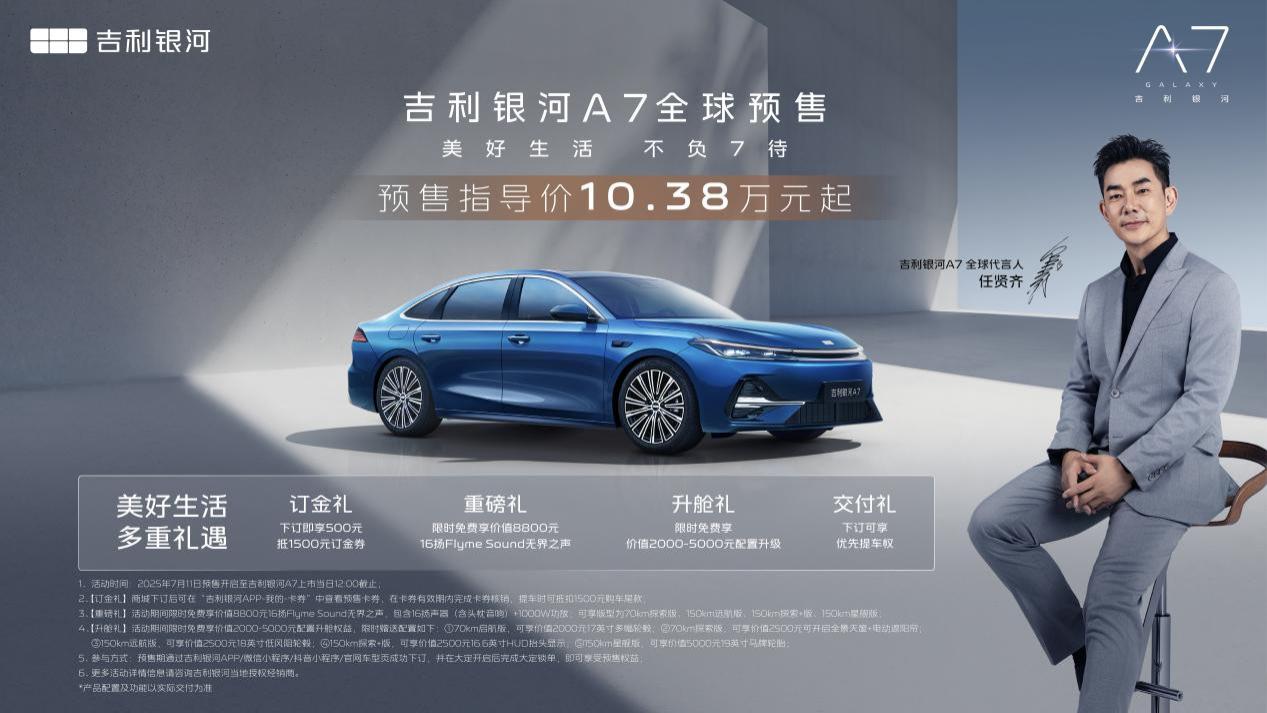 吉利银河A7预售10.38万元起，首搭雷神AI电混2.0，油耗低至2L
