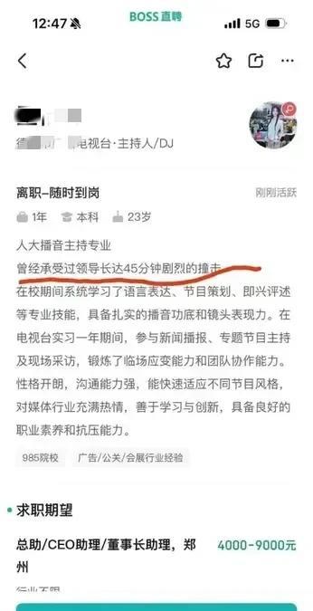 打个工，到底要卷成哪样？简历上自述某985院校播音主持专业毕业，某市广播电视台主