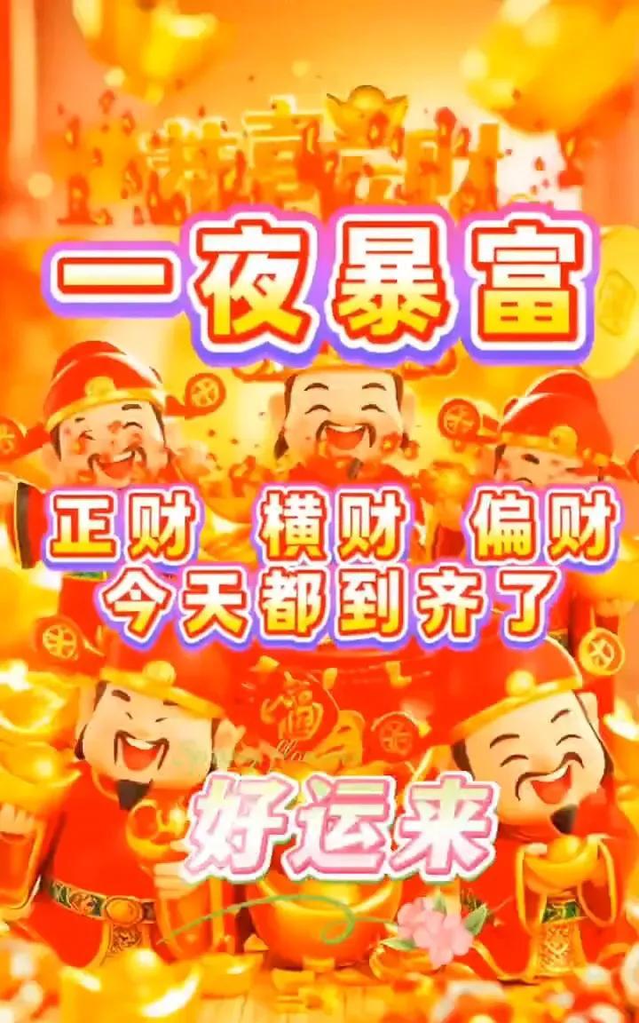 日进斗金，大财、小财、外财都到账了。留下一句：财运旺，恭喜发财。
财运爆棚，正财