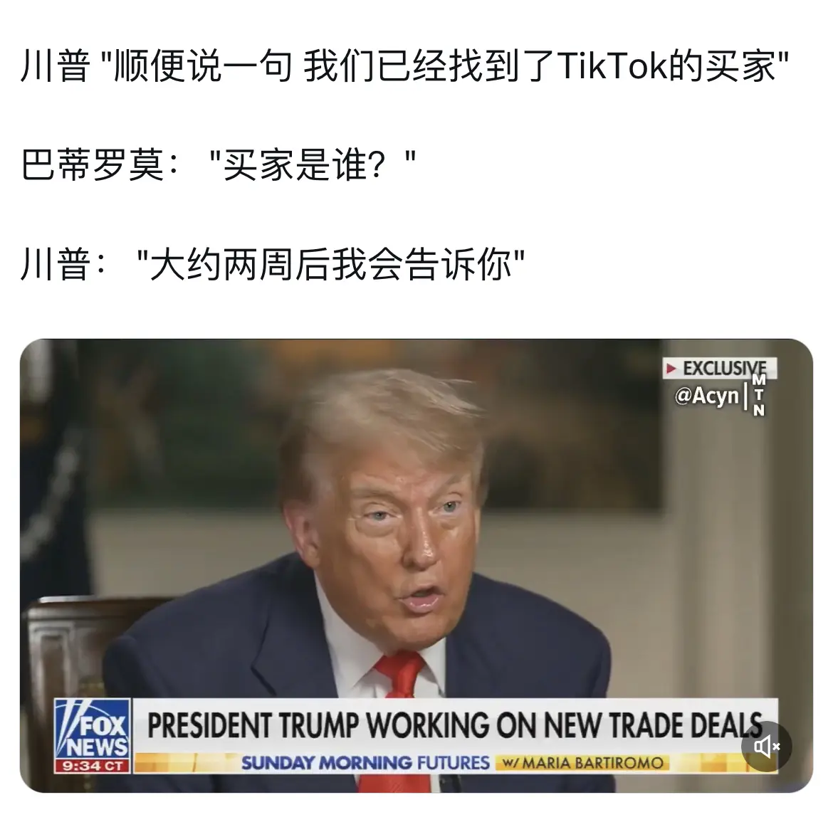 川普称两周内公布TikTok买家。