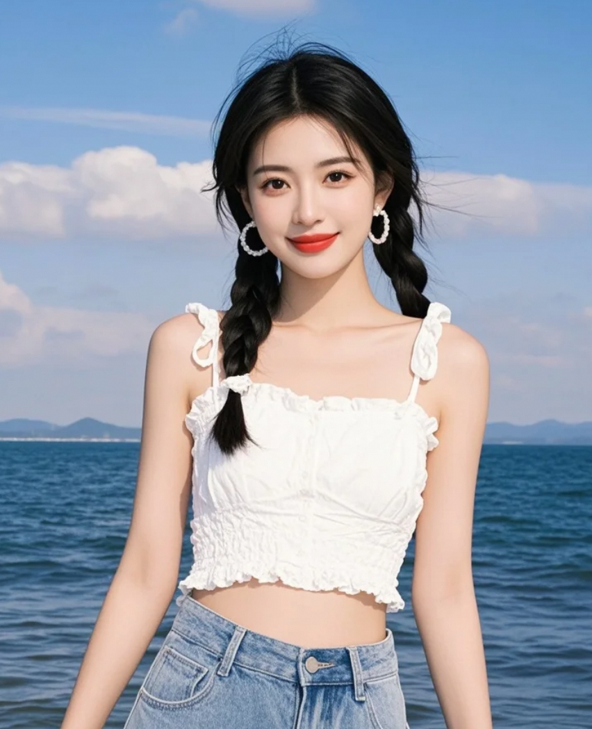 她凝望海面，心事如云卷