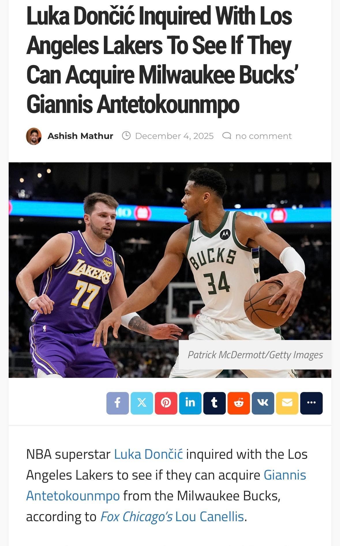 筹码谁？美媒：东契奇亲自问询湖人能否交易字母哥！
目前筹码只有里夫斯、八村垒、所