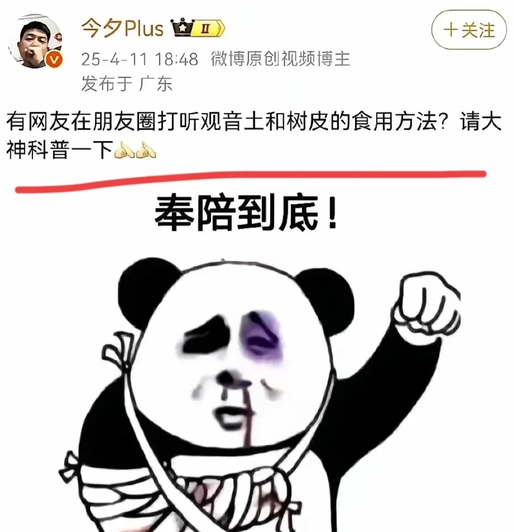贸易战关头，一位大V讽刺网友：奉陪到底的结果，是要吃观音土和树皮！
他讽刺网友们