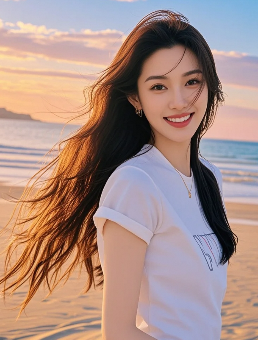 海风轻拂，明艳唇色与晚霞争辉，她闲庭信步，尽显阳光活力的巨星风范