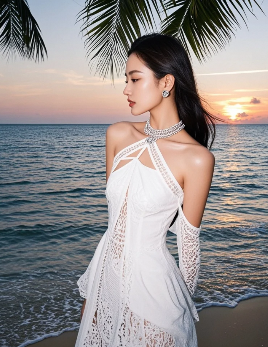 夕照为裙，她与椰树共绘剪影