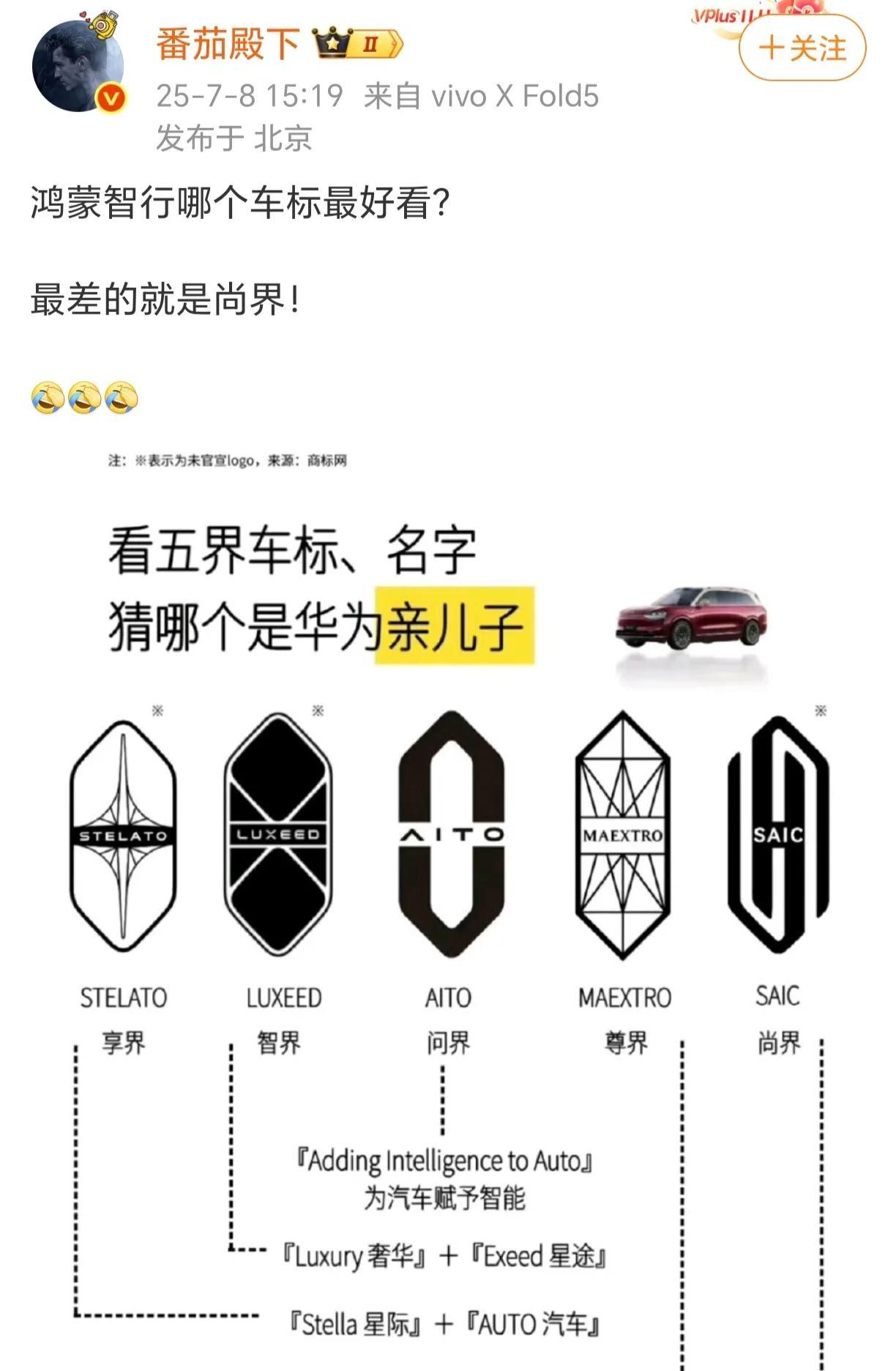 问界最简洁而且好记，英文也简单AITO，其他都复杂了。不利于记住[微笑]
