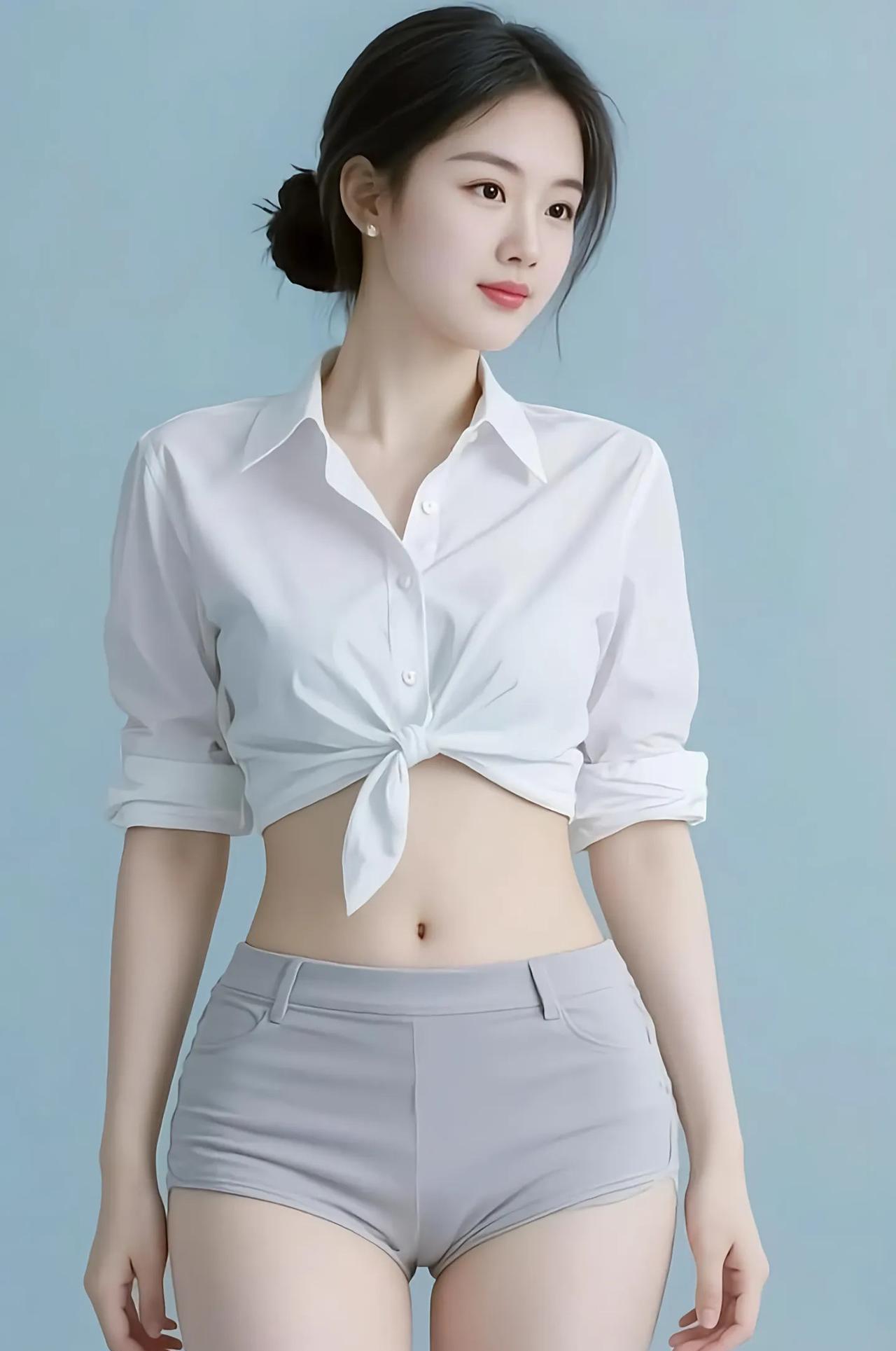 打油诗·夏日的穿搭
白衫轻绾俏皮结，浅裤裁出利落线。
淡蓝为景衬清爽，夏日明快身
