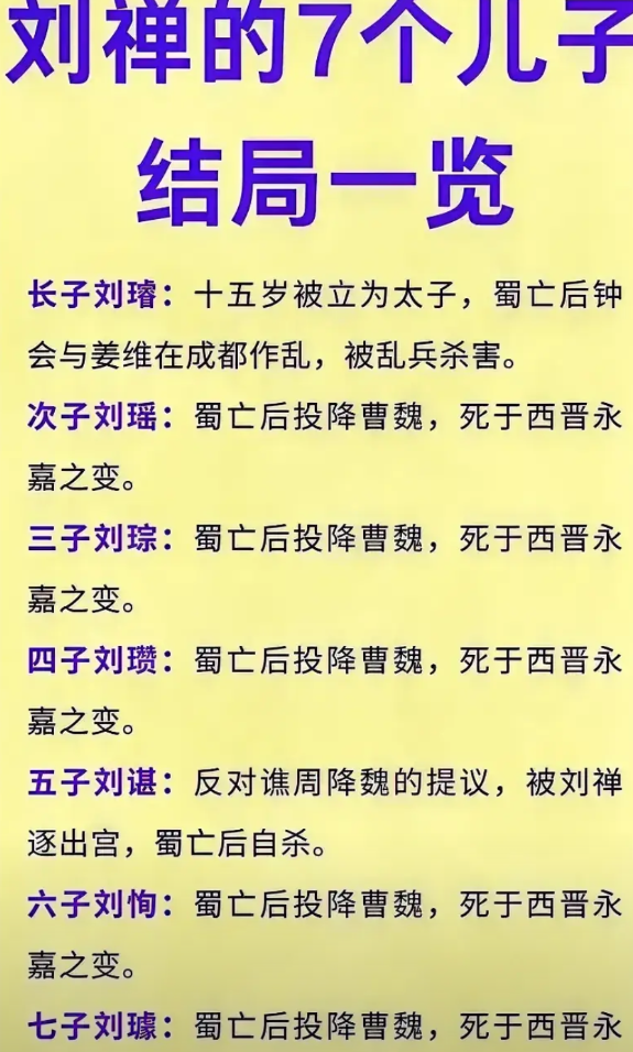 刘禅次子：一起投降，死在晋朝。
刘禅三子：一起投降，死在晋朝。
刘禅四子：一起投