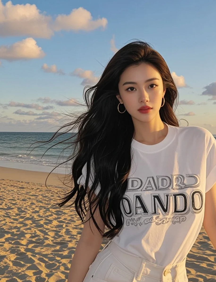 她的长发与海风共舞，明艳双唇绽放笑容，每一步都彰显大牌明星的休闲魅力