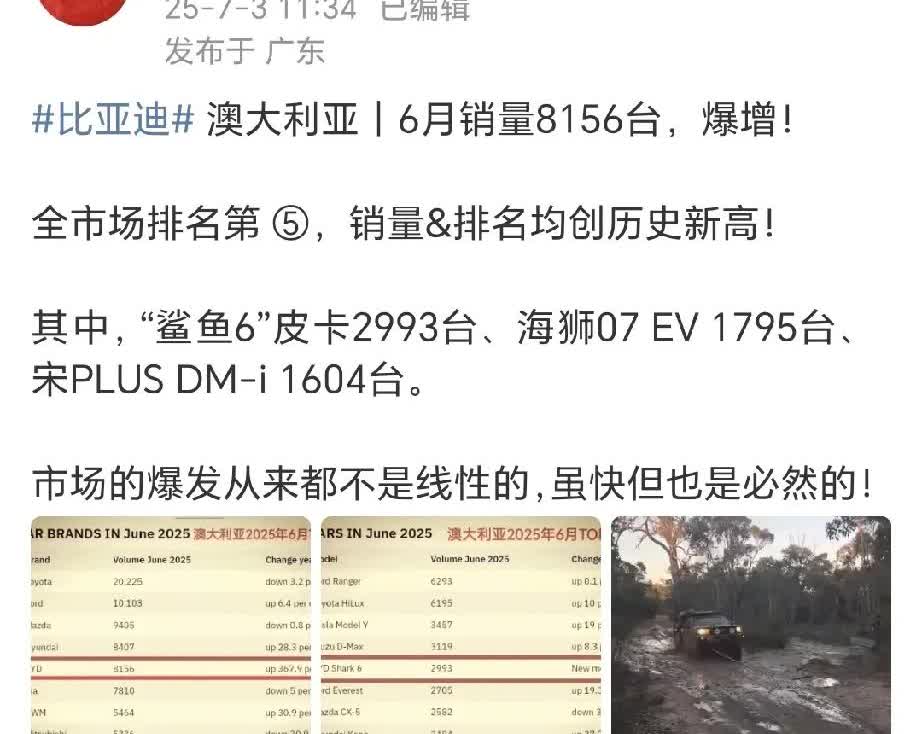 比亚迪澳大利亚六月销量8156台，又一个历史新高！
六月份源总发过消息，比亚迪