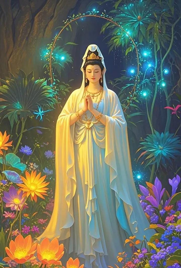 《月印莲心》
菩萨垂眸观月轮，莲心微绽净无痕；
拂袖三千云自破，清光独证本来身。
