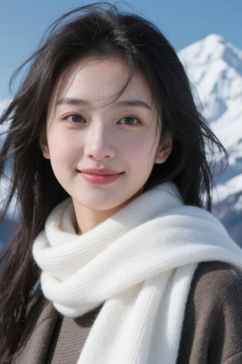 雪山之巅风吹起她的长发，毛呢大衣与白围巾勾勒出冬日最动人的剪影