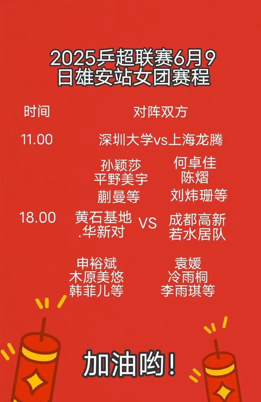 2025乒超联赛6月9日女团赛程有不少看点。当天比赛在河北雄安新区开打，上午11