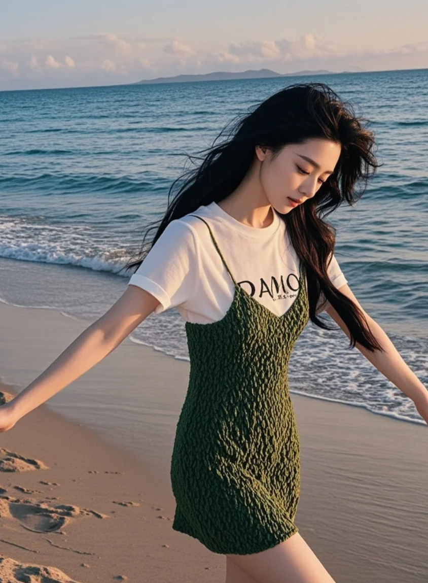 她与海浪低语，长发在风中飞扬，明艳妆容映衬出亲和又耀眼的巨星风采