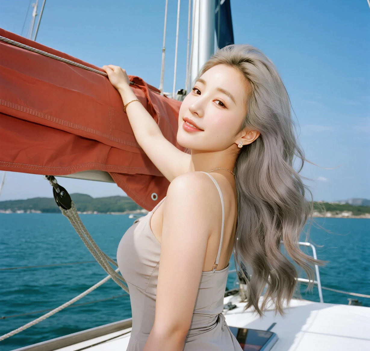 她沉思着看浪花，嘴角扬起浅浅笑意