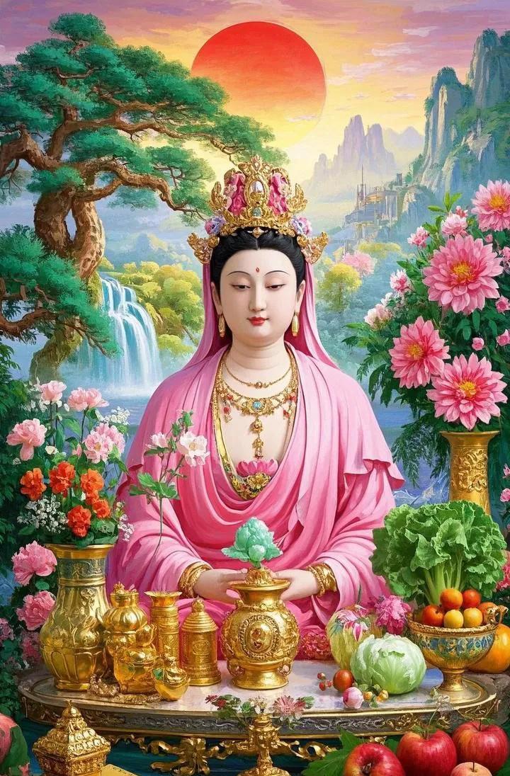 桃红观音笑盈盈，福运进门亮晶晶。老人高寿身骨硬，孩子聪慧学业兴。
见那桃红观音面