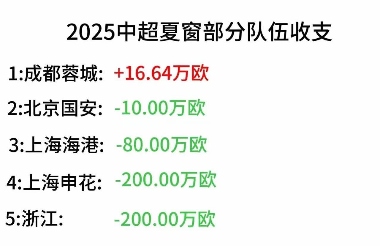 成都蓉城：夏窗收入16.64万欧！球迷：唯一实现夏窗盈利的俱乐部！

这张图