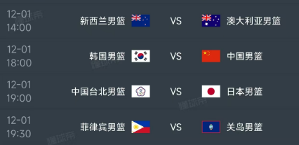 北京时间12月1日，亚洲区男篮世预赛小组赛第二轮赛程如下：
第一场14：00，新