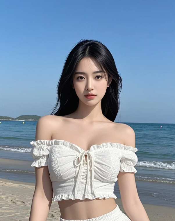 风卷起裙摆时，连海浪都成了她的背景板