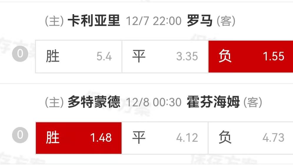 {一脚球}竞彩推荐：卡利亚里VS罗马+多特蒙德VS霍芬海姆