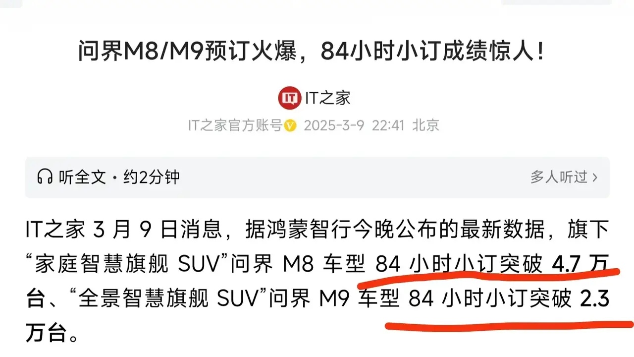 84小时，问界M8小订居然突破47000台，M9小订也达到了23000 台，这成